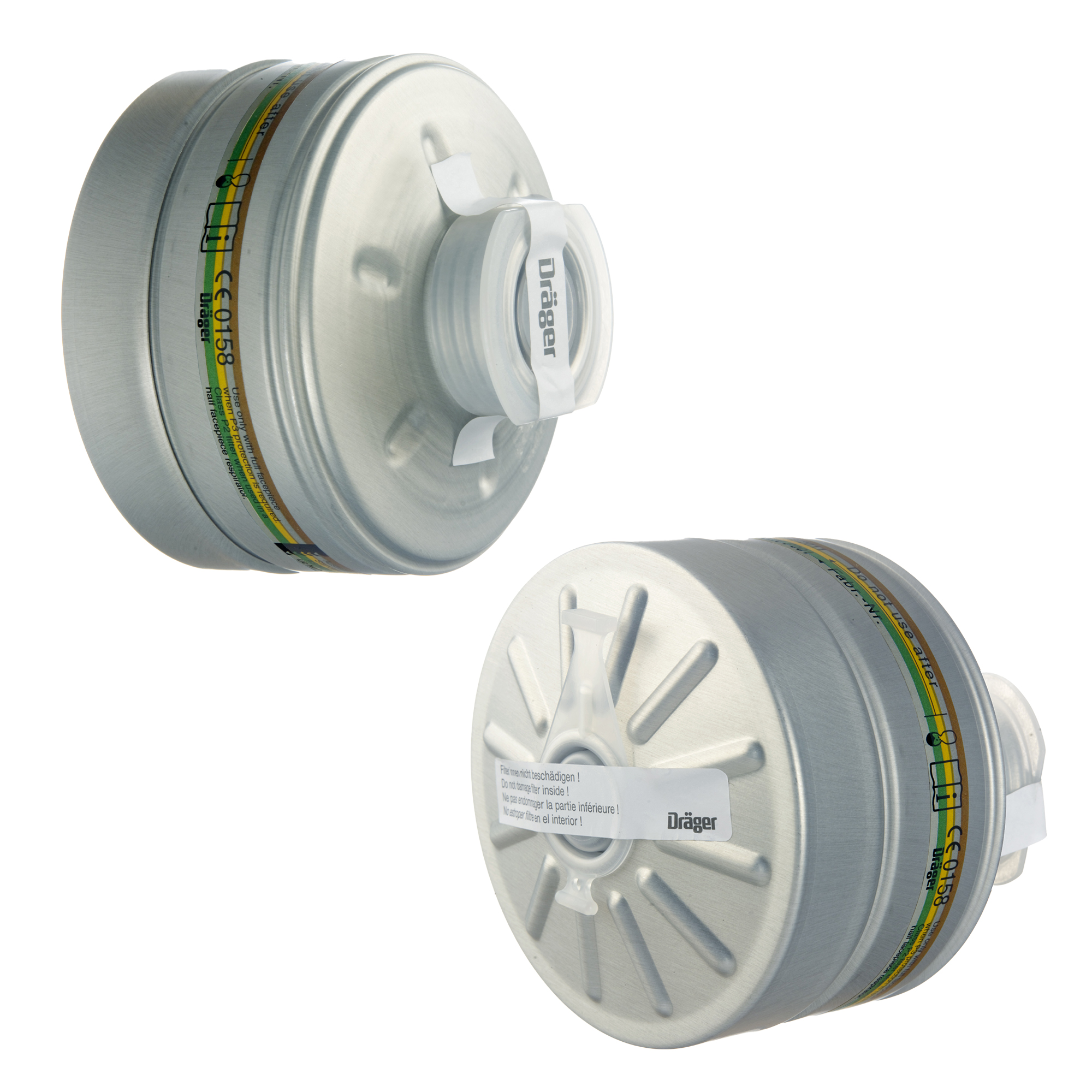 Zwei Dräger Rd40 Atemschutzfilter A2B2E2K2, seitlich und von unten.