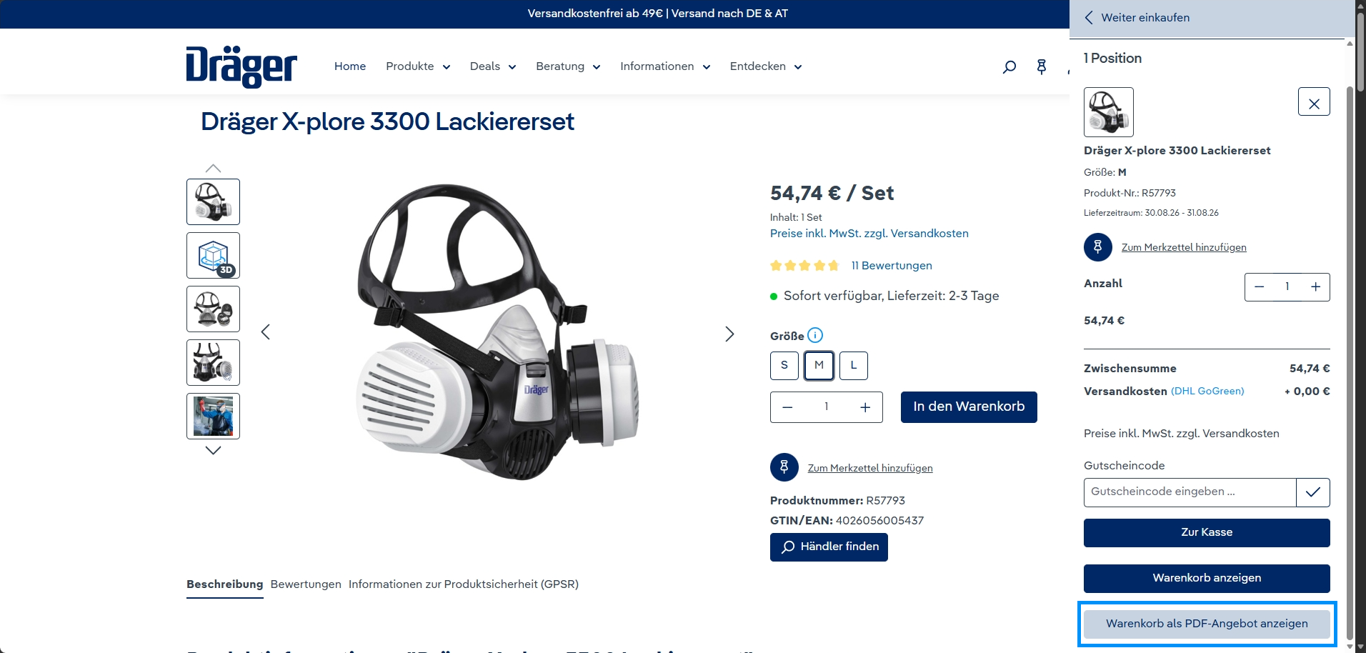 Warenkorb-Übersicht mit dem Button „Warenkorb als PDF-Angebot anzeigen