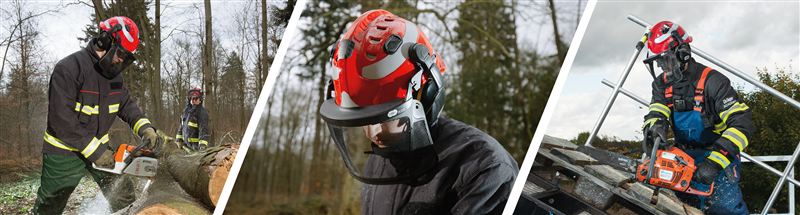 Helm HPS 3500 im Einsatz Feuerwehrleute tragen roten Helm HPS 3500 beim Sägen von Holz und Arbeiten auf einem Gerüst.