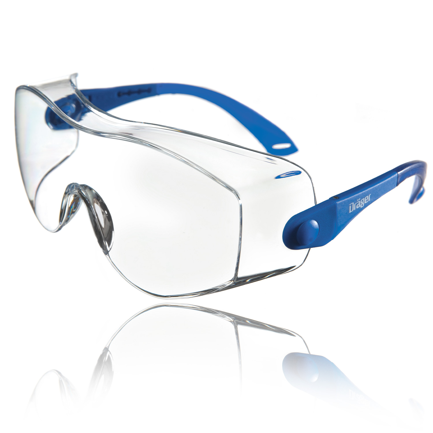 Schutzbrille Dräger X-pect 8120 Transparente Schutzbrille mit blauen Bügeln, Modell Dräger X-pect 8120.