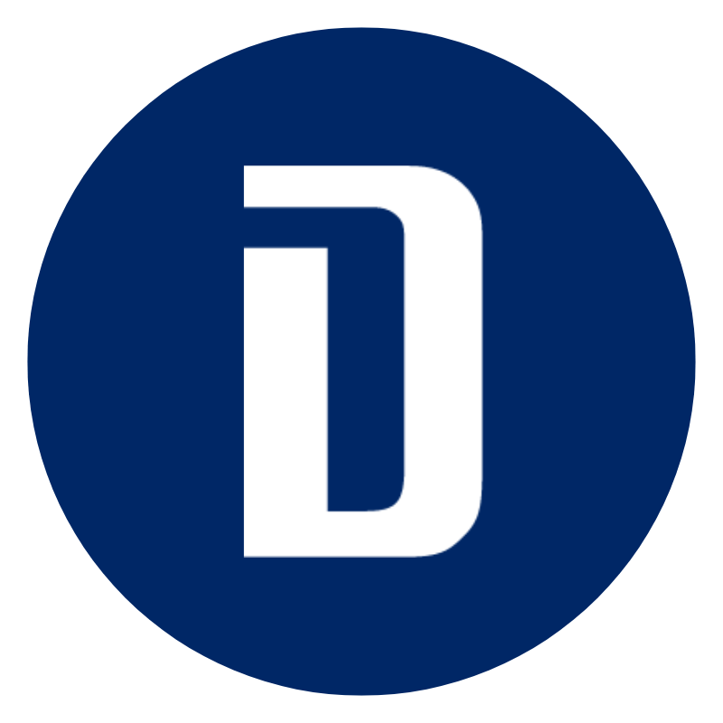 Dräger Firmenlogo rund Weißer Buchstabe D auf blauem Hintergrund, rundes Logo.