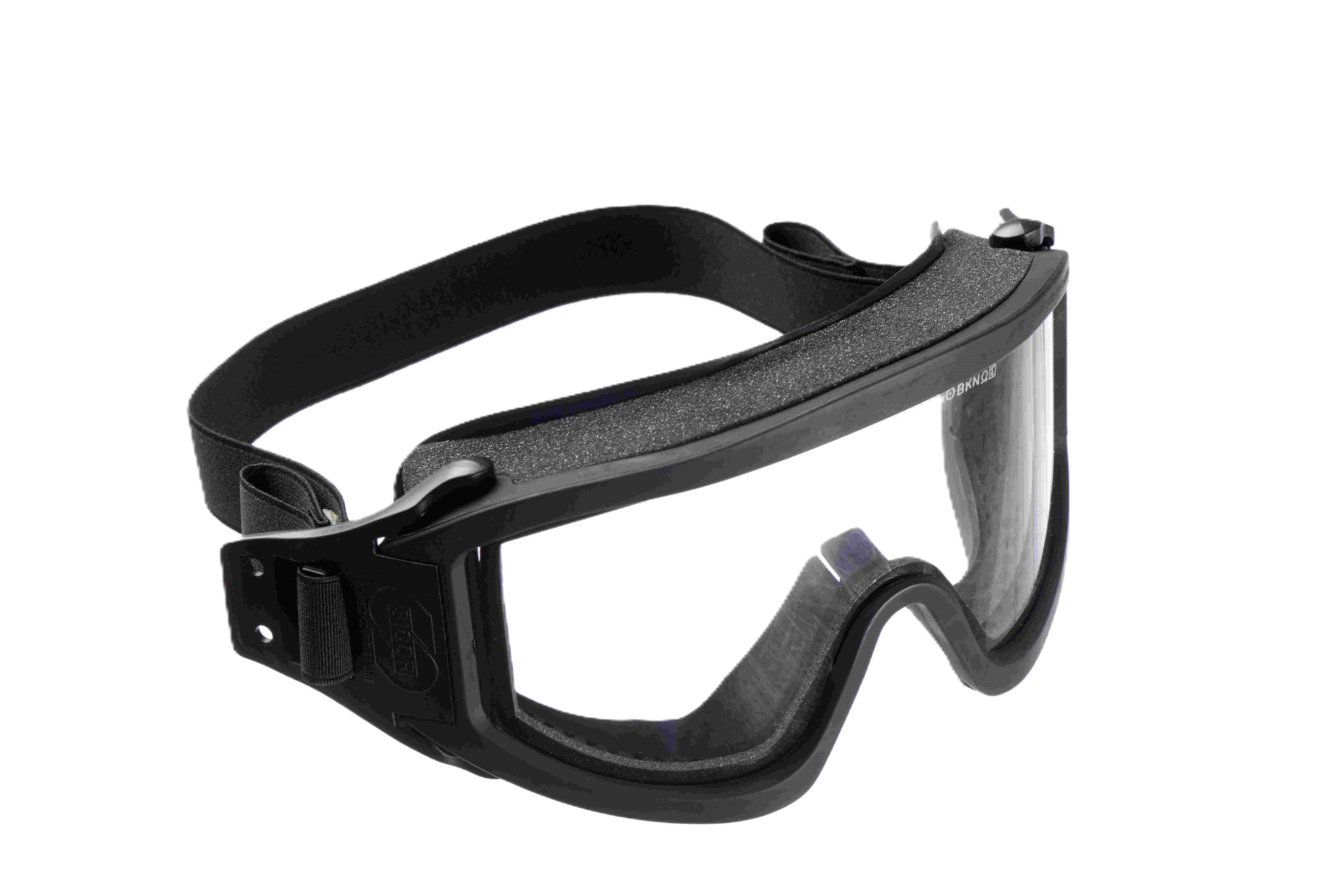 Schwarze Schutzbrille mit elastischem Band und klarer Linse.