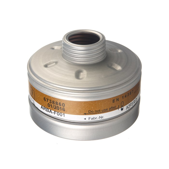 Dräger Filter RD40 A2P3 Ein zylindrischer Atemschutzfilter mit Schraubgewinde und Markierung.