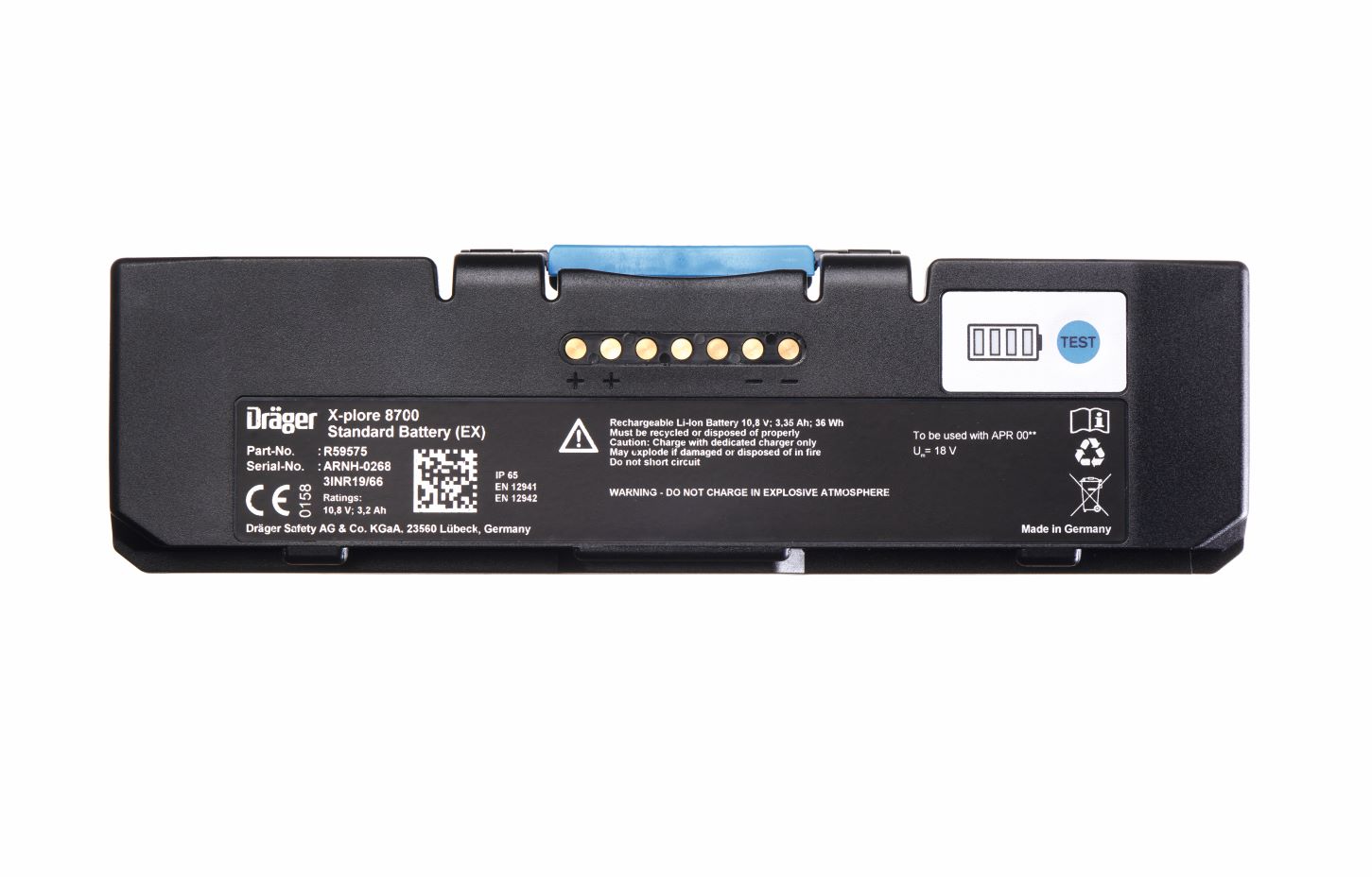 Schwarzer Standardakku für Dräger X-plore 8000 mit blauer Lasche und Gelbe Kontakten, Ansicht von oben.