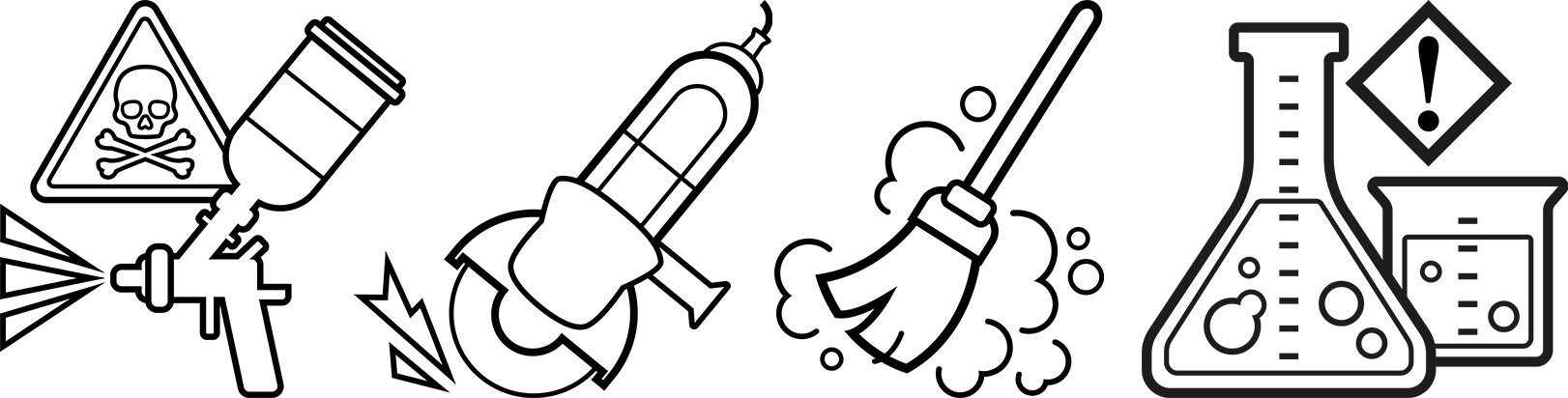 Dräger X-plore 3300 Lackiererset Symbole: Lackierpistole, Bohrmaschine, Bürste, Chemielabor mit Reagenzgläsern.