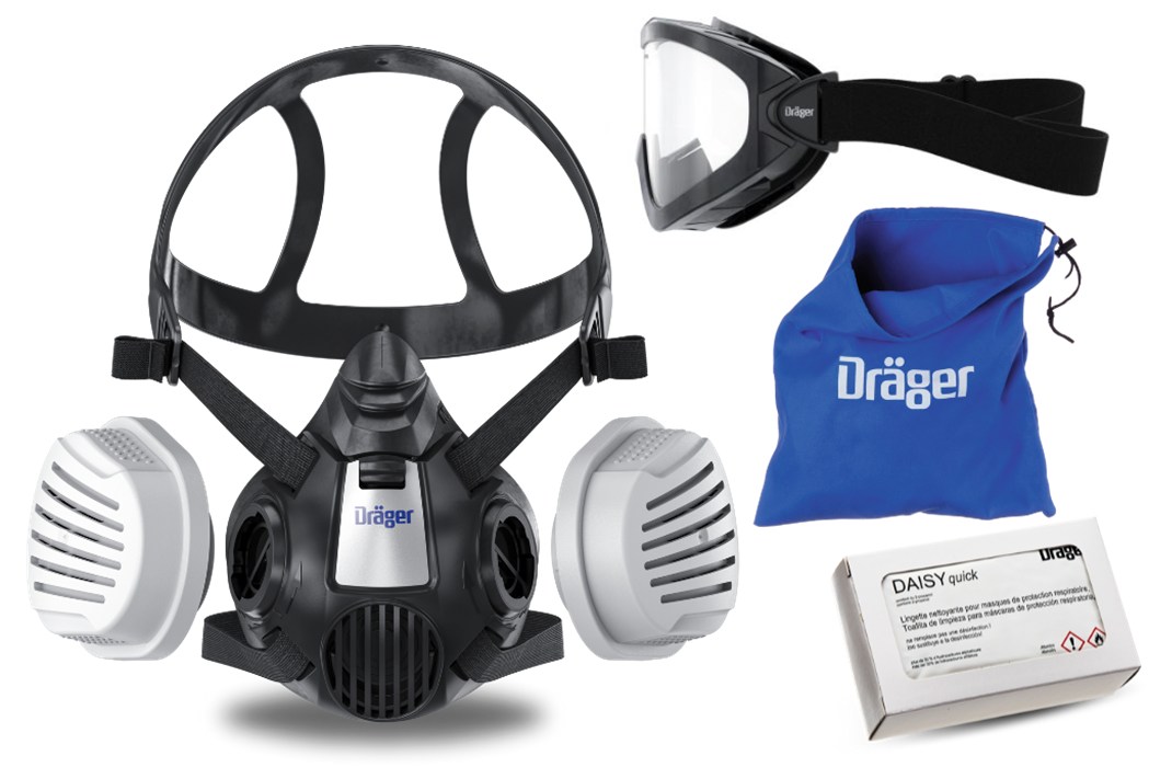 Atemschutzmaske, Schutzbrille, Tasche und Box für Waldbrandeinsätze.