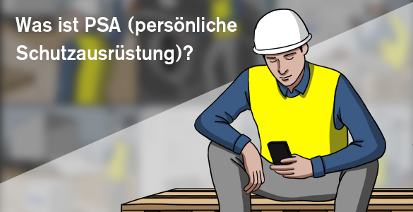 Einführung in persönliche Schutzausrüstung Illustration einer Person mit Schutzhelm und Warnweste auf einer Palette.