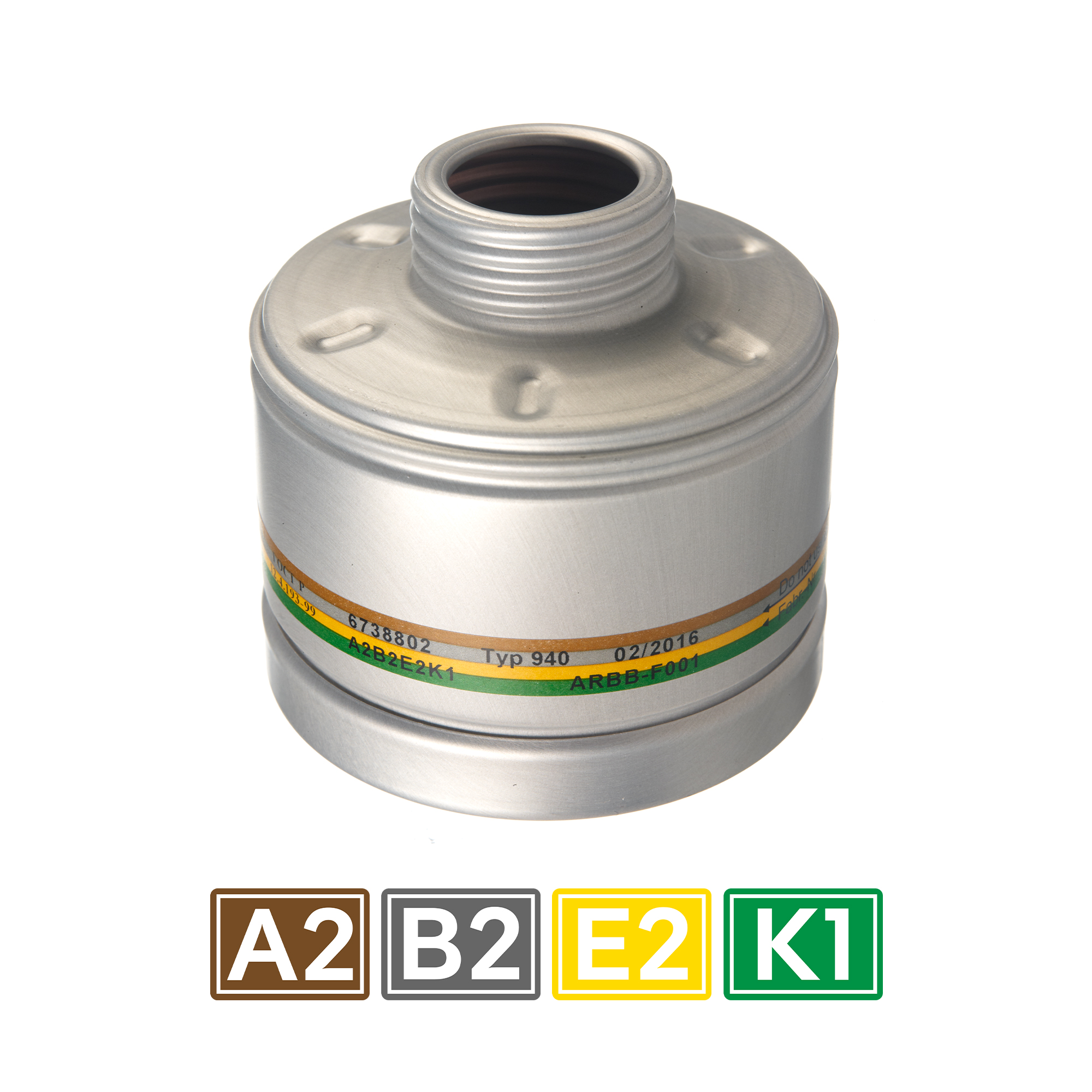 Zylindrischer silberner Schutzfilter mit Dräger Anschluss oben.