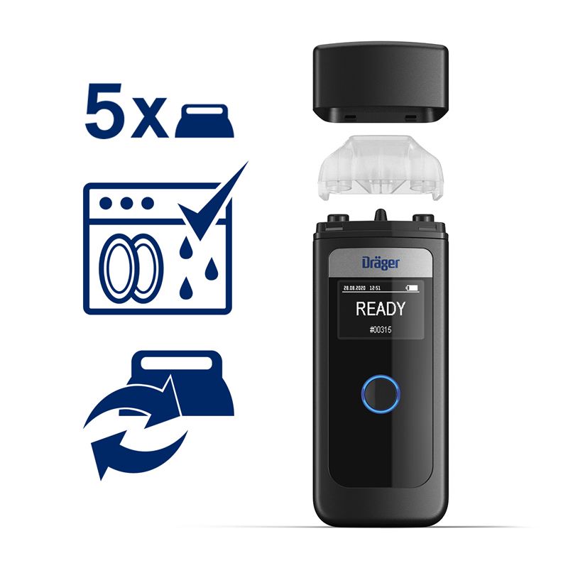 Dräger Alcotest 4000 – Alkoholtester Dräger Alcotest 4000 zeigt "READY" auf Display, inkl. Reinigungssymbole.
