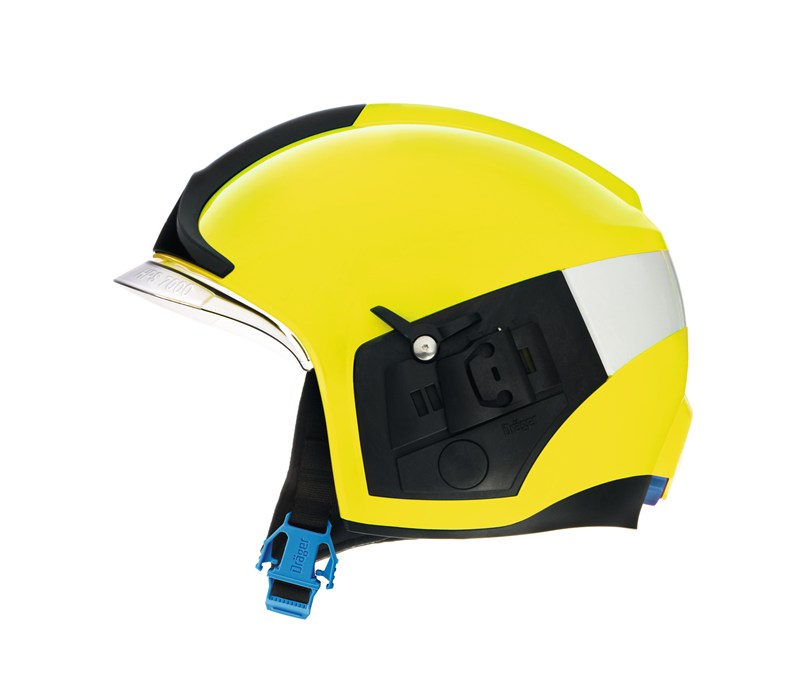 Gelber Sicherheitshelm mit fluoreszierender Oberfläche und schwarzen Details.