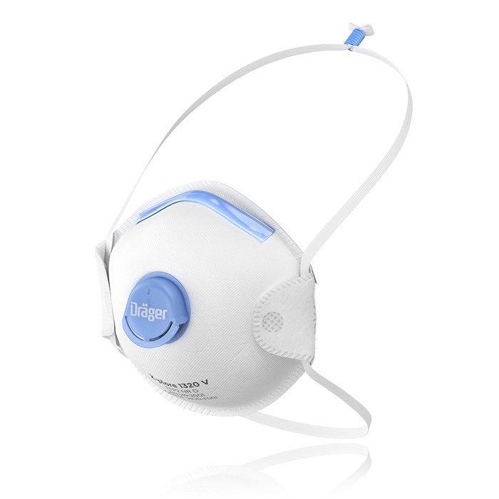 Dräger Atemschutzmaske X-plore 1320V Weiße Atemschutzmaske mit Ventil und elastischen Bändern.
