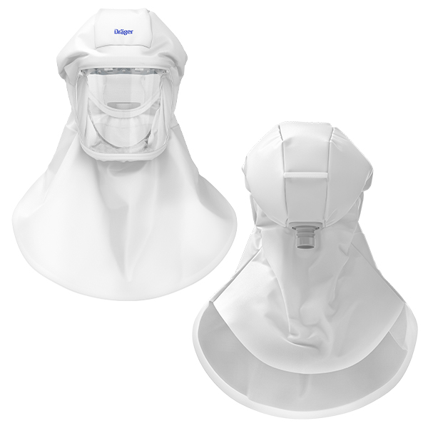 Dräger X-plore 8000: Standardhaube lang Zwei Ansichten einer langen, weißen Standard-Dekontaminationshaube mit durchsichtigem Visier und Dräger-Logo.
