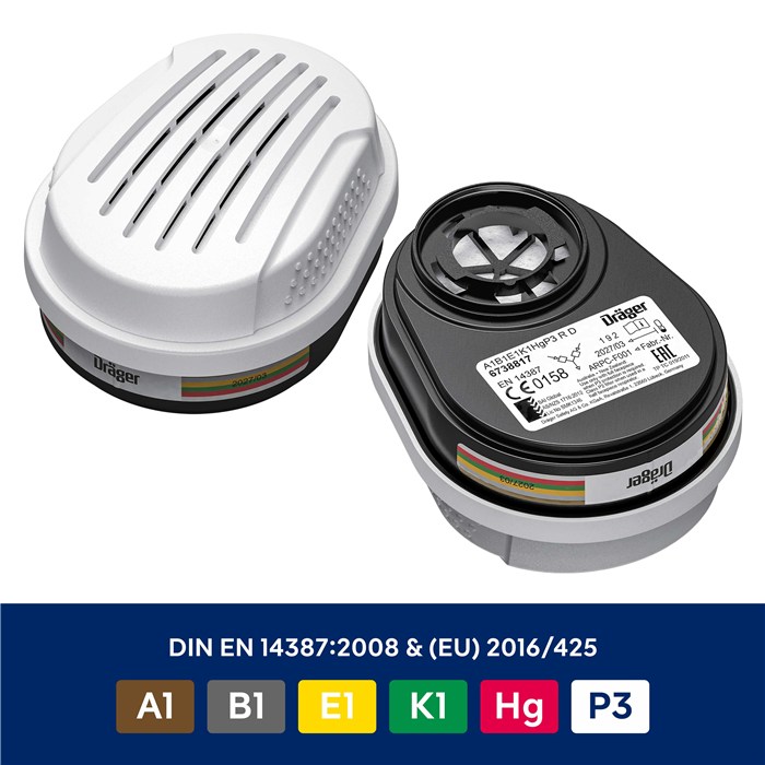 Dräger ABEK1 Hg P3 Filter für Halbmaske Zwei verschlossene Filterpatronen mit DIN EN 14387:2008.