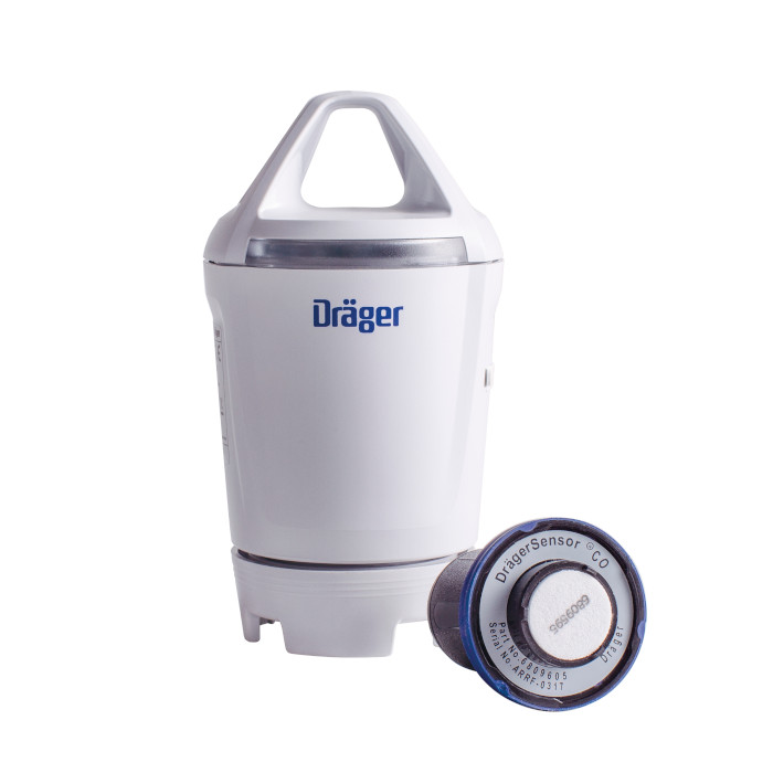 Weißer Dräger CO-Gassensor mit abgerundetem Gehäuse und blauer Schrift.