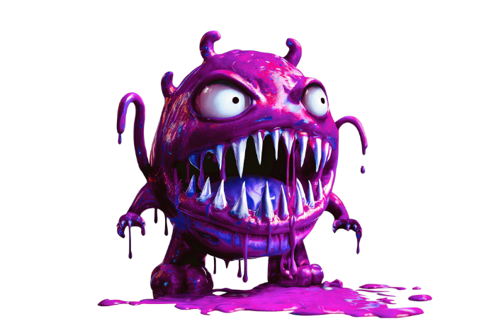 Lackmus Maximus Produktdarstellung Cartoon-Monster in lila, mit großen Augen und spitzen Zähnen. Es ist rund und hat mehrere Antennen.