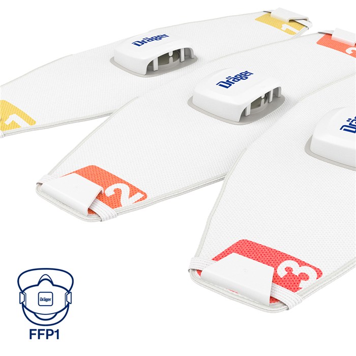 Dräger X-plore 1910V FFP1 Masken Drei Dräger FFP1 Masken in Weiß mit Farbmarkierung.