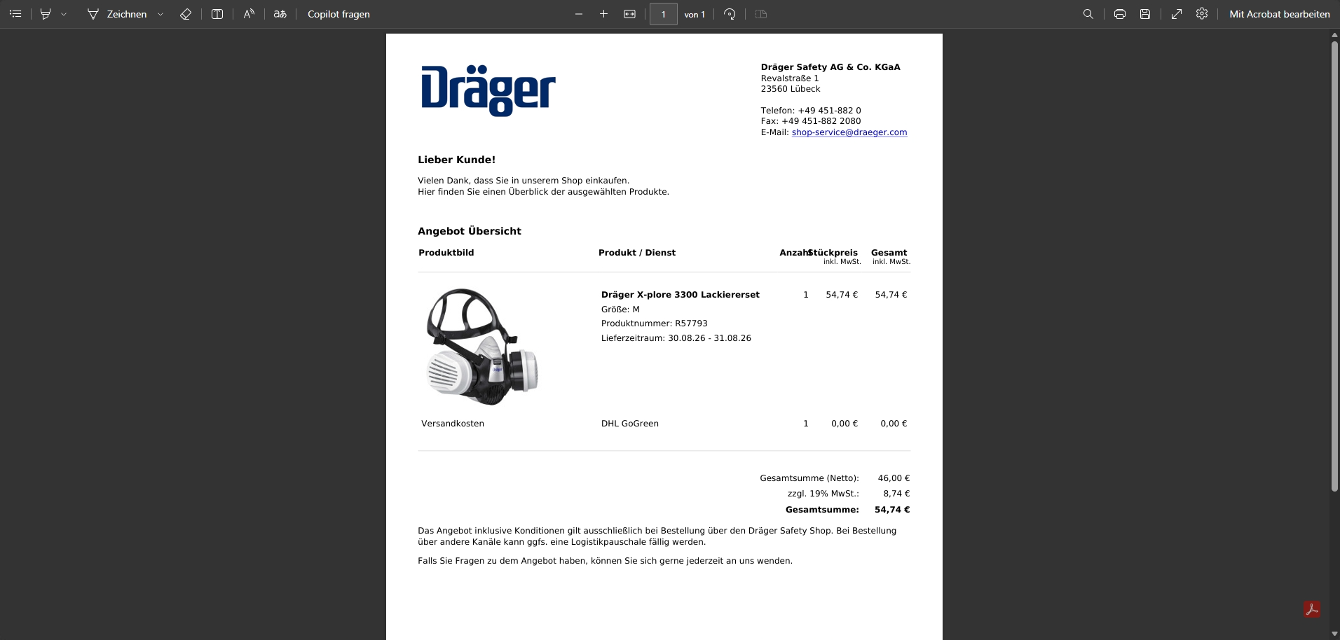 Erstelltes PDF-Angebot mit Produktübersicht und Gesamtsumme