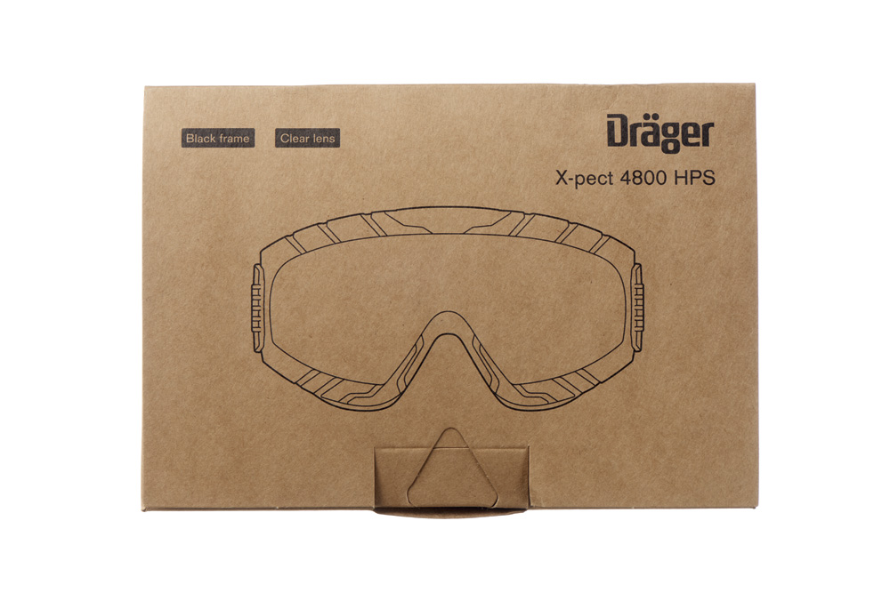 Schutzbrille Dräger X-pect 4800 HPS Karton mit Zeichnung und Beschriftung der Schutzbrille Dräger X-pect 4800 HPS.