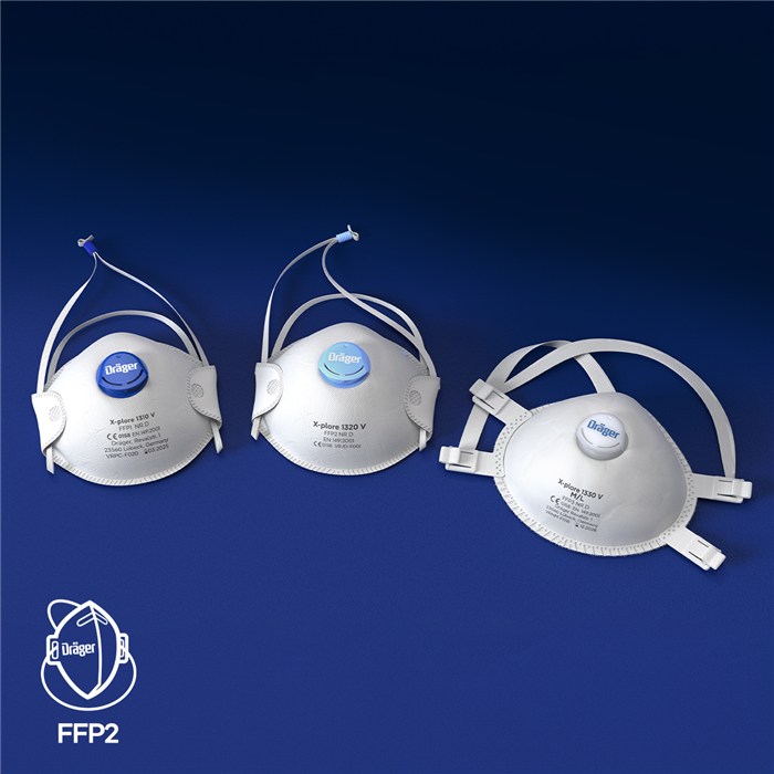 FFP2 Atemschutzmasken Dräger X-plore 1320V Drei weiße FFP2 Masken der Serie X-plore 1320V von Dräger.