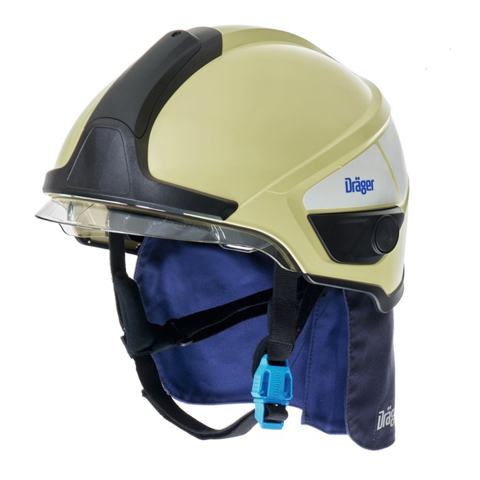 Gelber Feuerwehrhelm mit Visier und blauer Nackenschutz