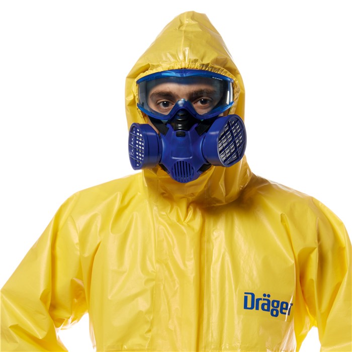 Dräger Schutzanzug SPC 4400 Gelber Schutzanzug mit Kapuze und Atemschutzmaske.