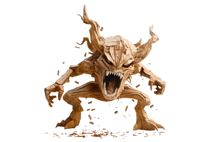 Spanus Staubus Schutzfigur Holzfigur mit aufgerissenem Mund und markanten Hörnern.