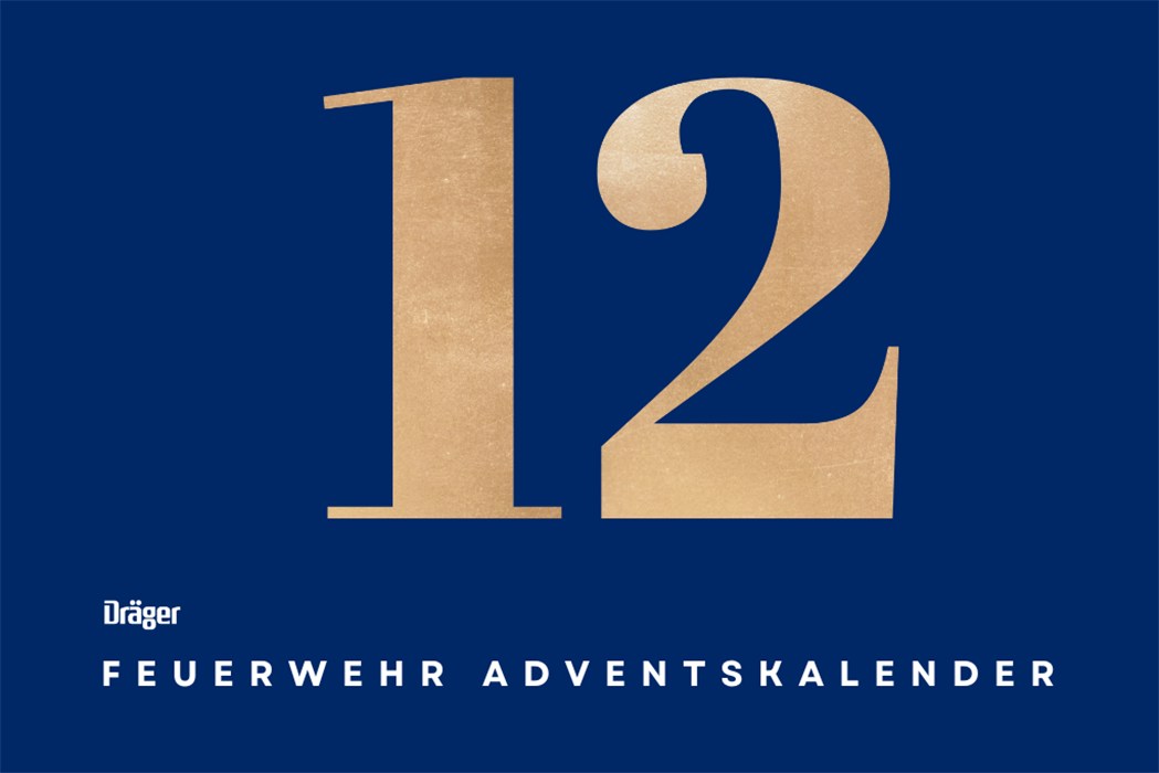Dräger Feuerwehr-Adventskalender Tür Nr. 12 Blaue Karte mit goldener Zahl 12 und Text "Dräger Feuerwehr Adventskalender".