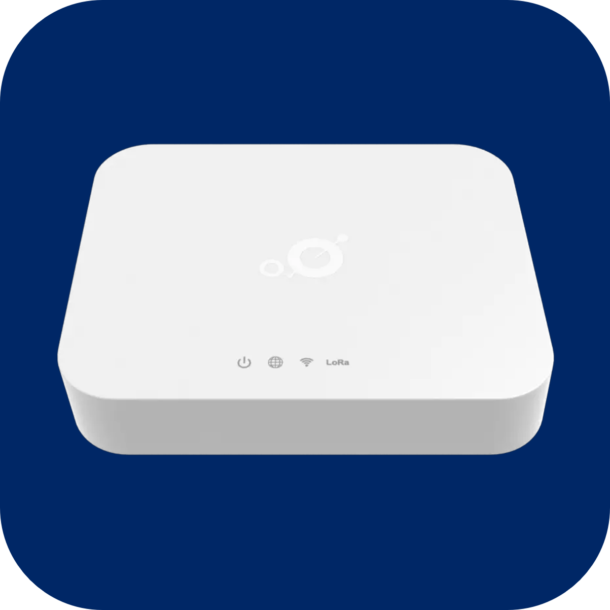 Weißes rechteckiges Gateway mit Symbolen für Strom, Netzwerk und LoRa-Verbindung.