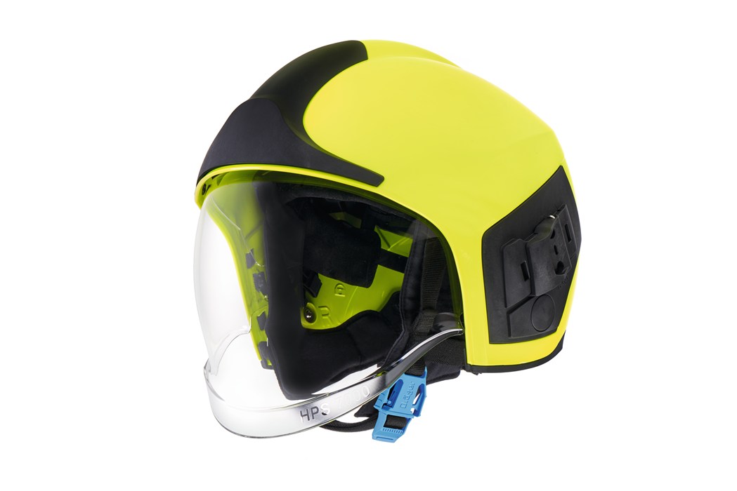 Gelber Feuerwehrhelm mit Visier und Funktionplatten