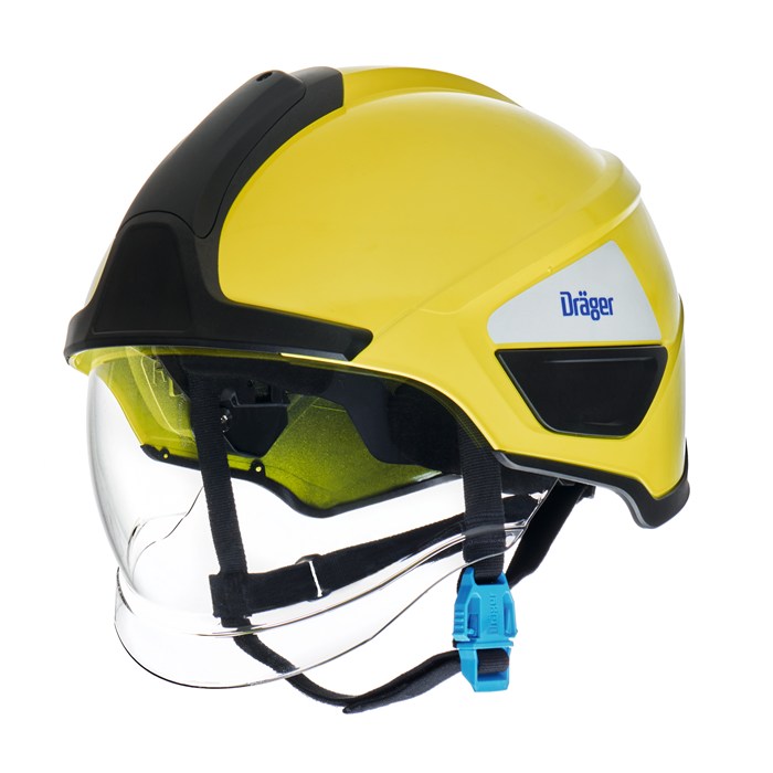 Gelber Schutzhelm mit Visier, Profilsicht und Dräger Logo.
