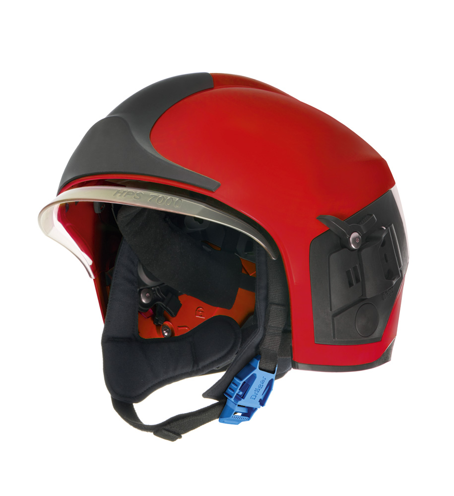 HPS 7000 Feuerwehrhelm in Rot Roter Feuerwehrhelm seitlich gezeigt, Modell HPS 7000.