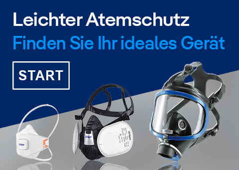Atemschutz-Produkte von Dräger Drei Atemschutzmasken, darunter Vollmaske und Halbmaske, mit einem Text zur Auswahl von Atemschutz bei Dräger.