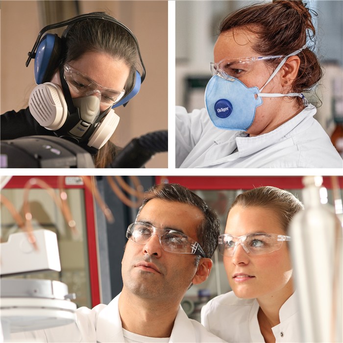 Schutzbrille Draeger X-pect 8320 im Einsatz Personen tragen Schutzbrillen im Laborumfeld.