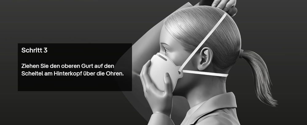 Anleitung zum Anlegen einer Staubmaske: Oberen Gurt über den Hinterkopf und Ohren ziehen.