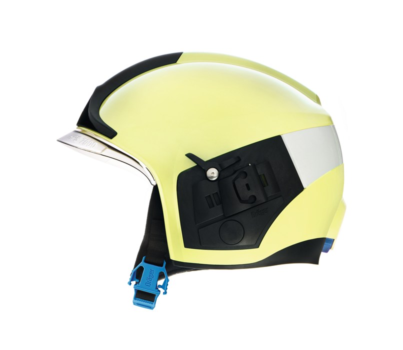 Profilansicht eines gelben Feuerwehrhelms mit blauer Schnalle.