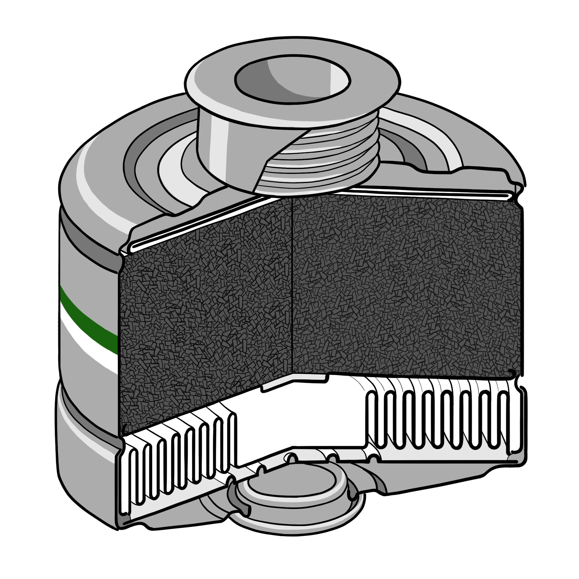 Illustration eines geschnittenen K2 P2 Gasfilters mit Rd40-Anschluss.