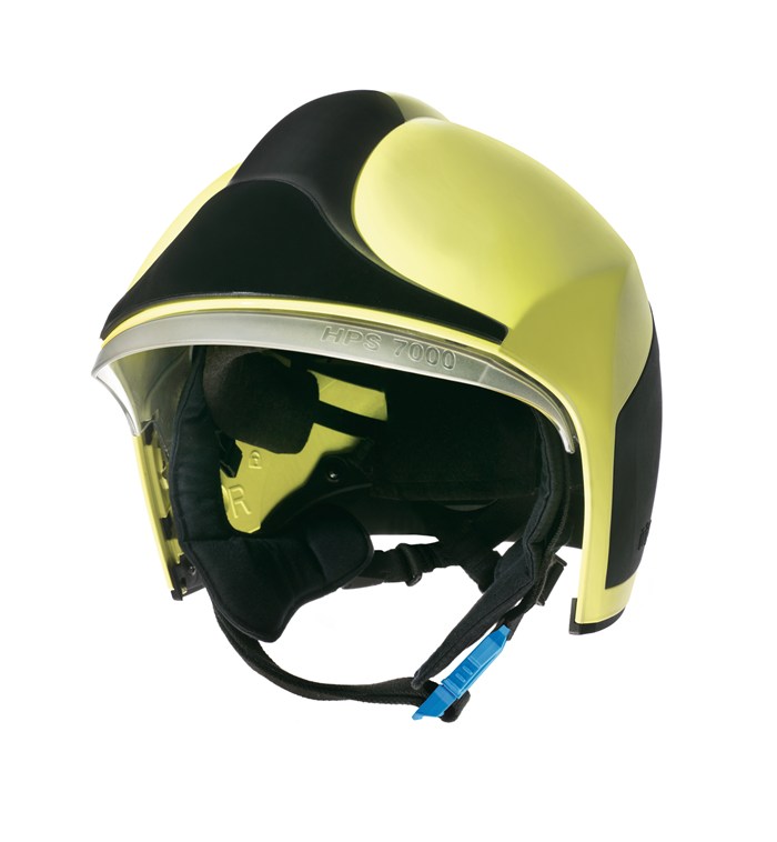 Gelb-schwarzer Feuerwehrhelm mit Visier und Innenfutter.