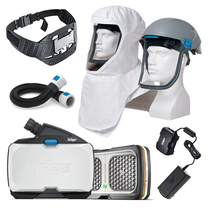 Atemschutzsystem für Lackierarbeiten mit Helm, Gürtel und Schlauch.