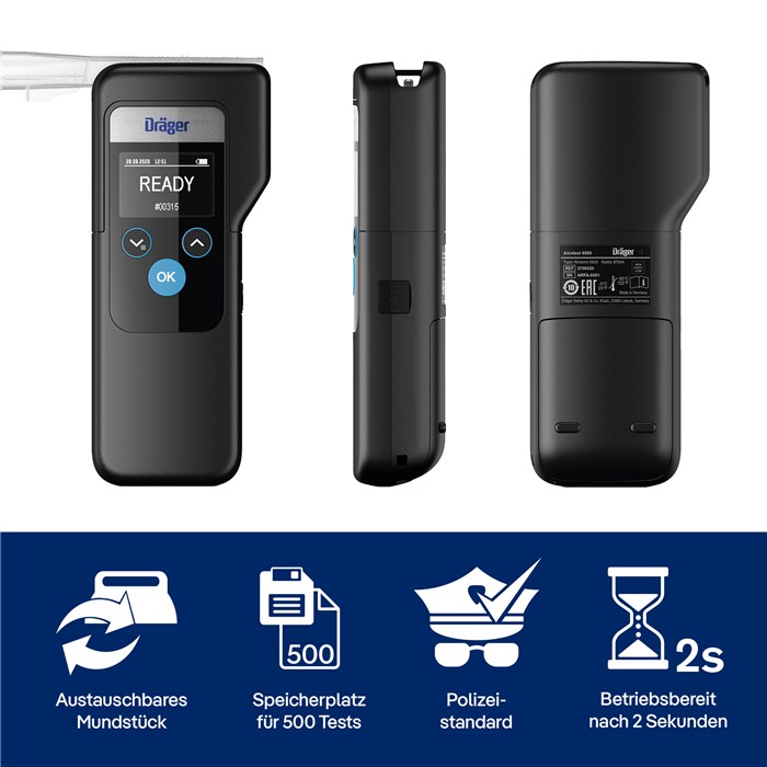 Dräger Alcotest 6000 Alkoholtester Dreimal abgebildeter Hand-Alkoholtester mit Anzeige und Bedientasten. Zwei Sekunden Betriebsbereitschaft.
