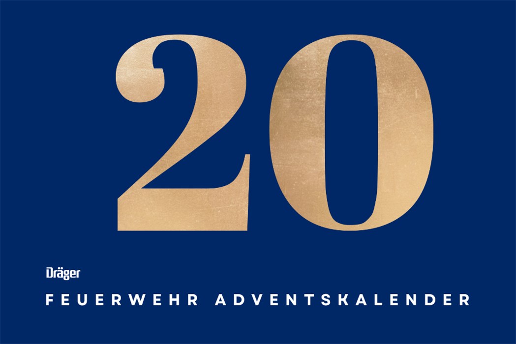 Feuerwehr Adventskalender von Dräger Goldene Zahl 20 auf dunkelblauem Hintergrund, Dräger-Logo.