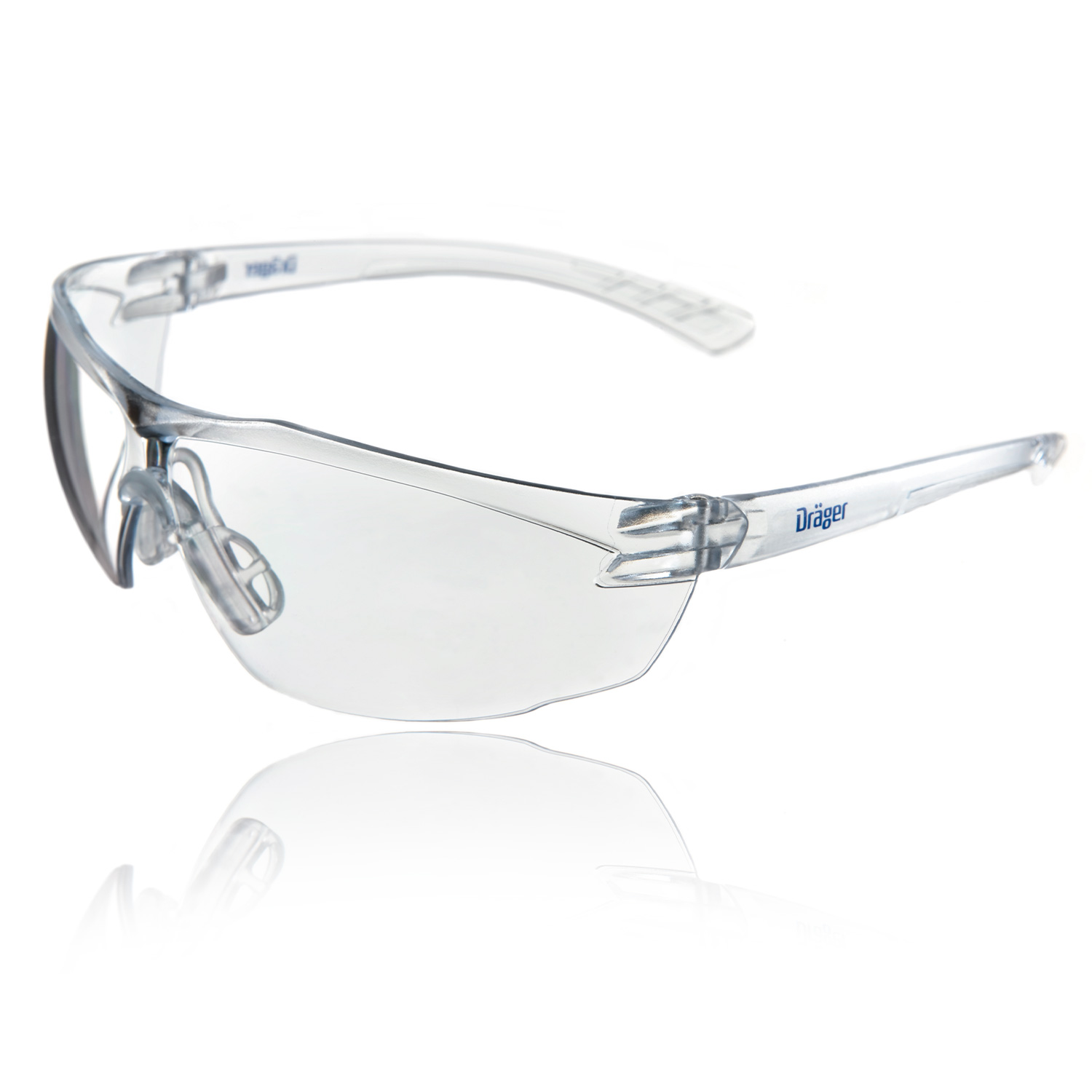 Dräger X-pect 8320 Schutzbrille Transparente Schutzbrille mit klaren Gläsern und seitlichem Bügel, Produktname Dräger X-pect 8320 sichtbar.