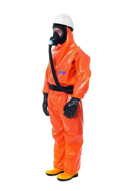Chemikalienschutzanzug von Dräger Person in orangem Ganzkörper-Schutzanzug mit Helm und Atemschutzmaske.
