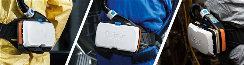 Dräger X-plore 8700 Atemschutzgerät Drei Personen tragen Dräger X-plore 8700, ein batteriebetriebenes Atemschutzgerät mit Gurt.