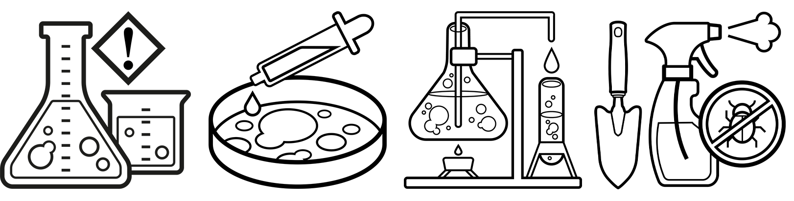 Icons von Chemieutensilien: Erlenmeyerkolben, Petrischale, Laborflasche, Pipette, Sprühflasche, antibakterielles Symbol.