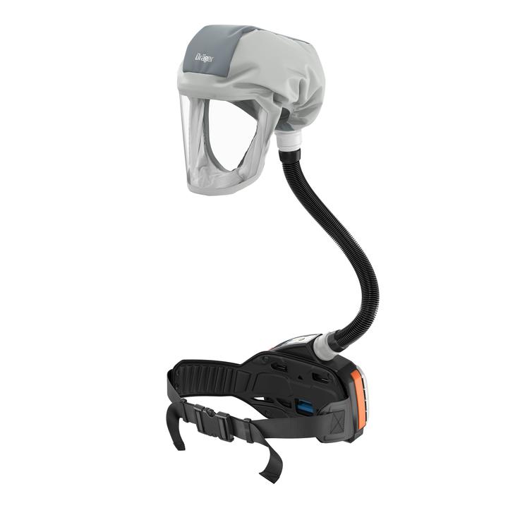 Dräger Atemschutzgerät D-12000-2024 Ein graues Atemschutzgerät mit flexiblem Schlauch und Haltegurt.