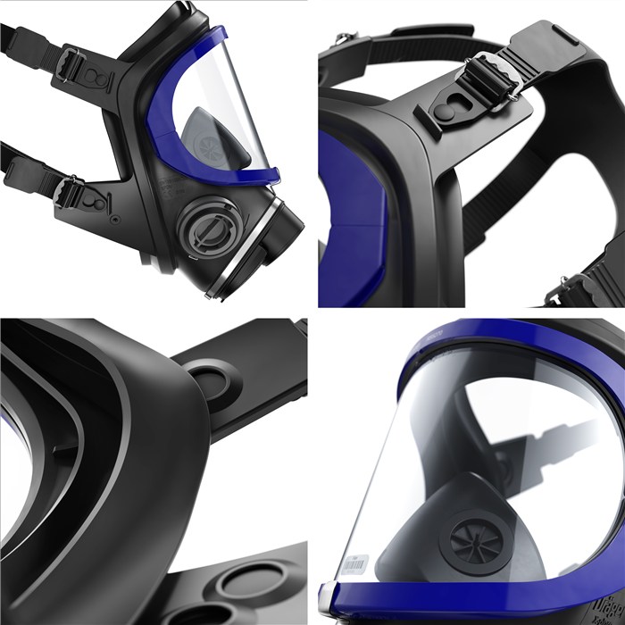Draeger X-plore 5500 Vollmaske Verschiedene Ansichten der Dräger X-plore 5500 Atemschutzmaske, inklusive Bänder, Ventile und Gesichtsschutz.