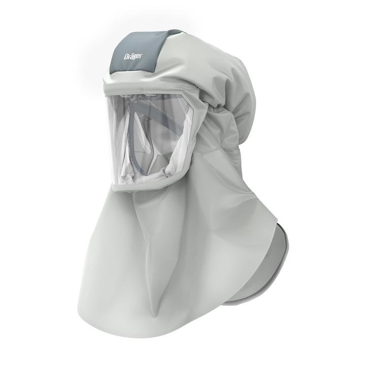 Schutzhaube für sicheres Arbeiten Weiße Schutzhaube mit integriertem Visier von Dräger.