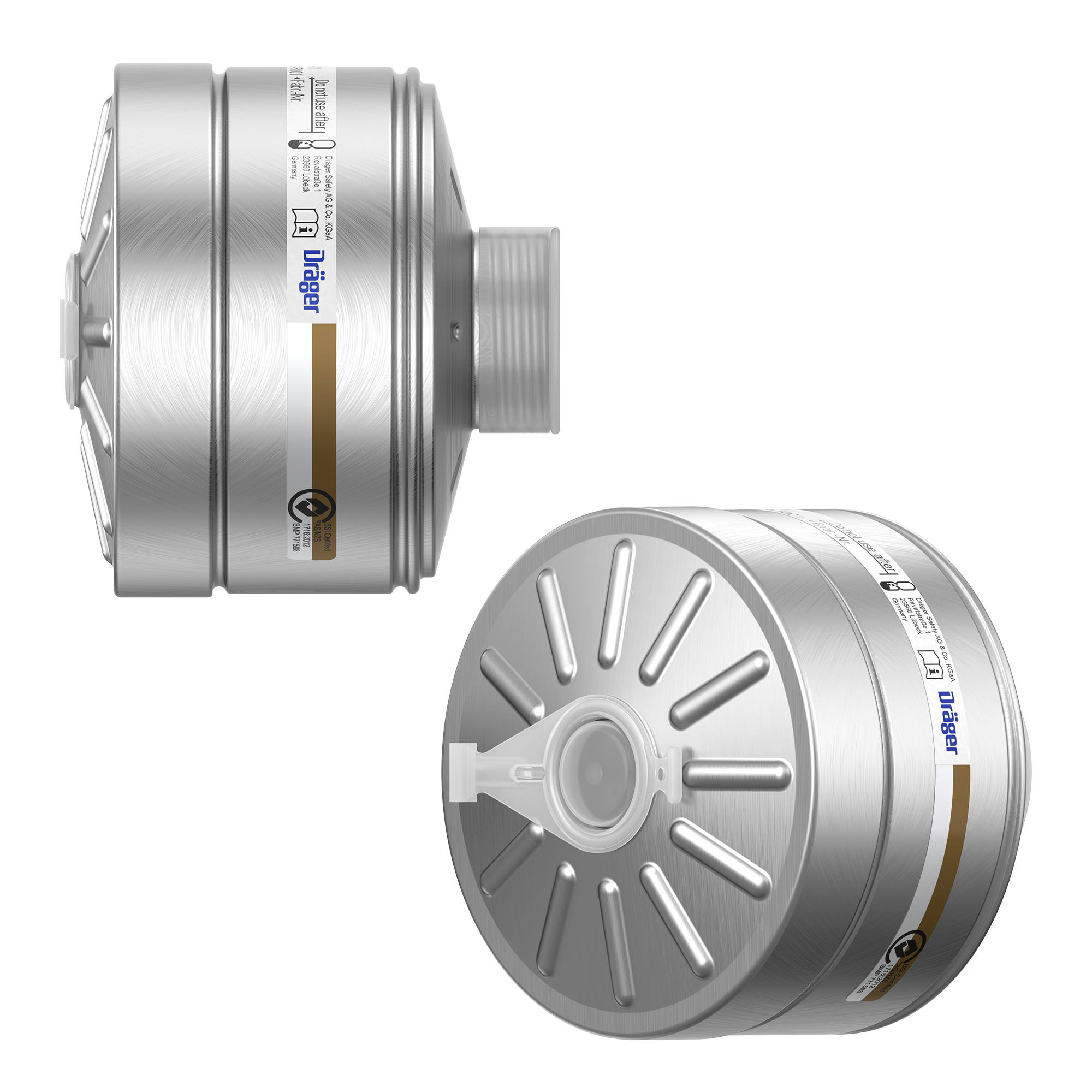 Zwei silberne runde Filter von Dräger mit Gewindeanschluss.