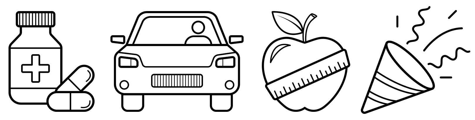 Dräger Alcotest 4000 Symbole Icons: Medikamentenflasche, Auto, Apfel mit Band, Partyhütchen