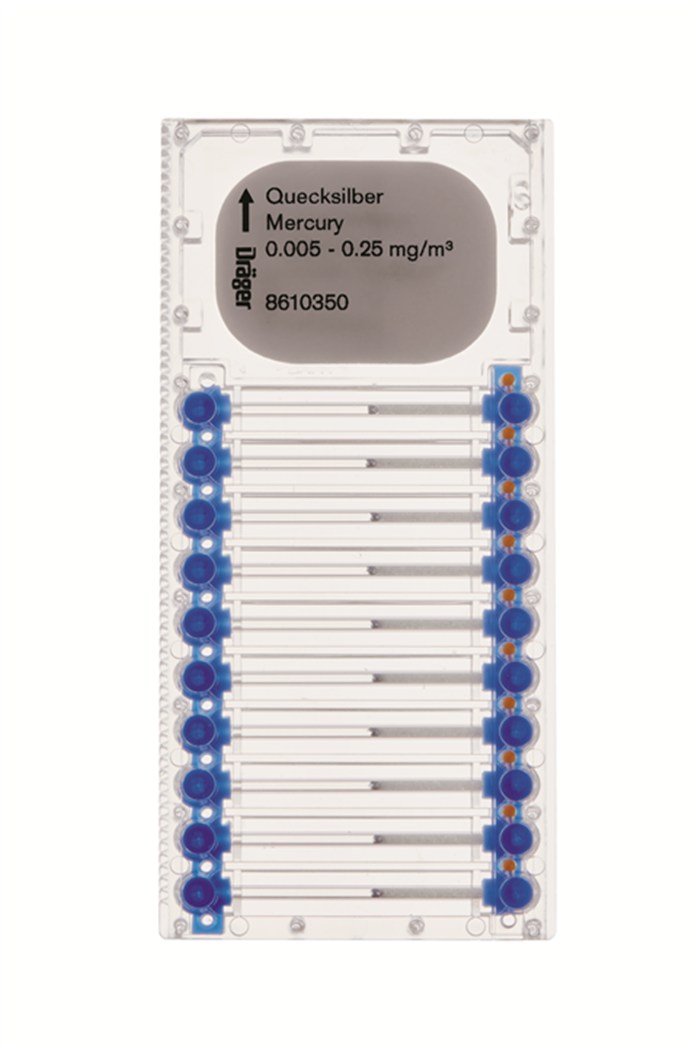 Transparente Gasmessröhre zur Quecksilbermessung von Dräger, Modellnummer 8610350.
